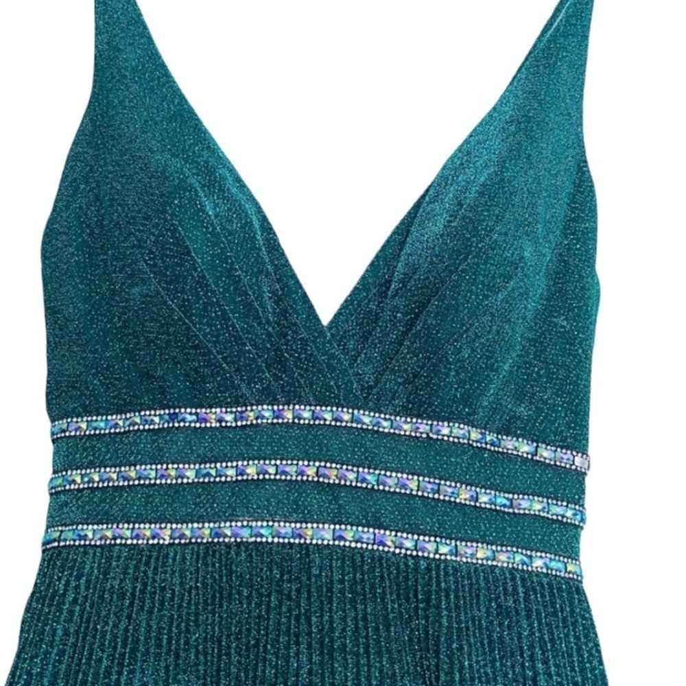NWT Mac Duggal Green/Teal Embellished Sparkle A-Line Pleated Halter Gown Size 8 - Picture 6 of 11